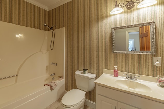 1103 Monroe Green Rd, Trion, GA 30753 - full bathroom with vanity, bathing tub / shower combination, crown molding, and wallpapered walls