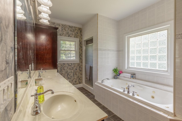 1103 Monroe Green Rd, Trion, GA 30753 - full bathroom featuring a whirlpool tub, double vanity, a shower stall, tile patterned flooring, and wallpapered walls