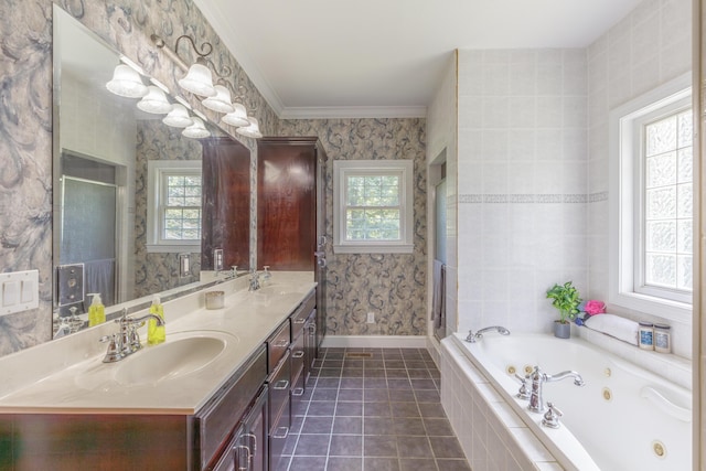 1103 Monroe Green Rd, Trion, GA 30753 - full bath featuring plenty of natural light, double vanity, wallpapered walls, a tub with jets, and tile patterned floors