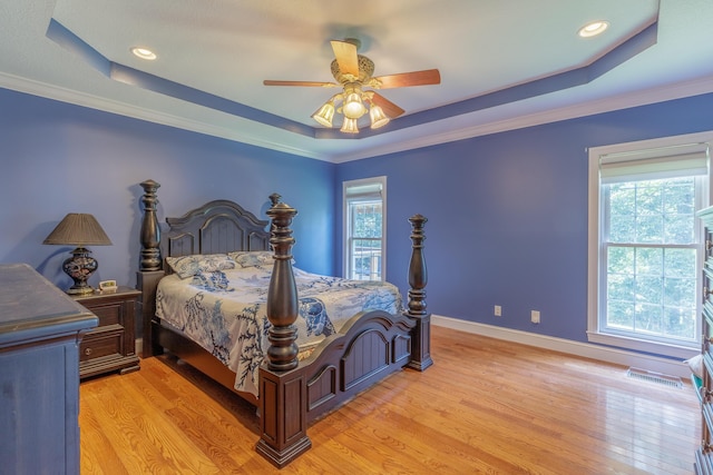 1103 Monroe Green Rd, Trion, GA 30753 - bedroom with a raised ceiling, light wood-style flooring, ceiling fan, recessed lighting, and ornamental molding