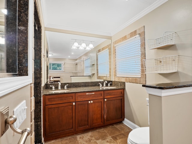 957 Elaine Trl, Chattanooga, TN 37421 - full bathroom with ornamental molding, a shower with shower door, double vanity, and a chandelier