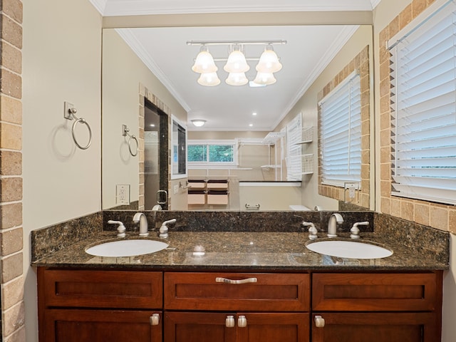 957 Elaine Trl, Chattanooga, TN 37421 - bathroom with double vanity, crown molding, and a chandelier