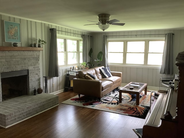1322 Vance Rd, Chattanooga, TN 37421 - living room featuring ceiling fan, wood finished floors, a fireplace, and crown molding