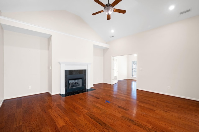 6239 Jacq Ct Unit 57, Hixson, TN 37343 - unfurnished living room featuring ceiling fan, a fireplace, wood finished floors, high vaulted ceiling, and recessed lighting
