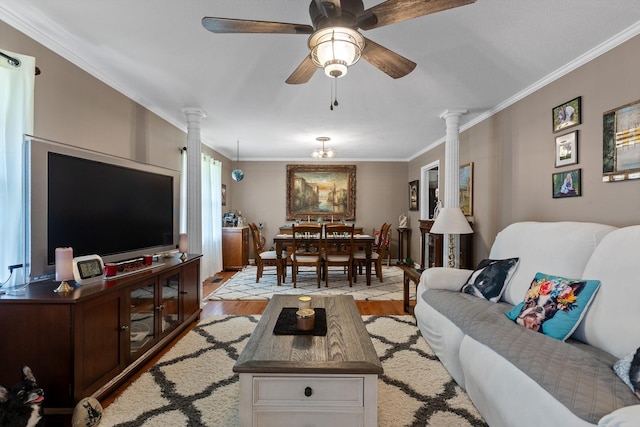 1008 Panorama Dr, Chattanooga, TN 37421 - living area with decorative columns, light wood-style floors, ornamental molding, and ceiling fan