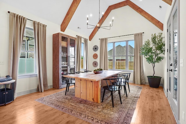 6822 Bacon Ln Unit B, Chattanooga, TN 37421 - dining area with a chandelier, plenty of natural light, beamed ceiling, light wood-style flooring, and high vaulted ceiling