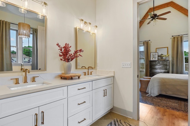 6822 Bacon Ln Unit B, Chattanooga, TN 37421 - bathroom featuring plenty of natural light, double vanity, ensuite bathroom, lofted ceiling, and ceiling fan