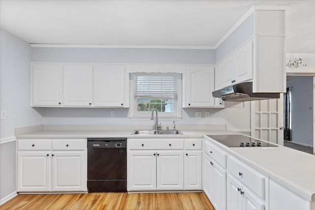 5146 Creek Bend Cir NW, Cleveland, TN 37312 - kitchen with black appliances, under cabinet range hood, light wood-type flooring, white cabinets, and ornamental molding