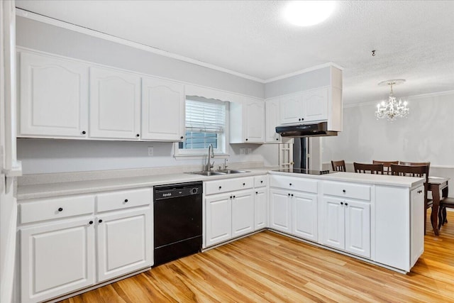 5146 Creek Bend Cir NW, Cleveland, TN 37312 - kitchen featuring black appliances, under cabinet range hood, a textured ceiling, a chandelier, and white cabinetry