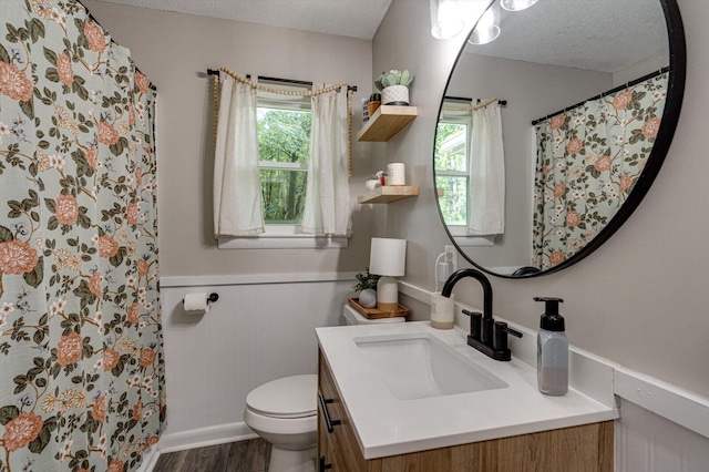 308 Pledger Pkwy, Lafayette, GA 30728 - full bathroom with vanity, a textured ceiling, healthy amount of natural light, wood finished floors, and a wainscoted wall