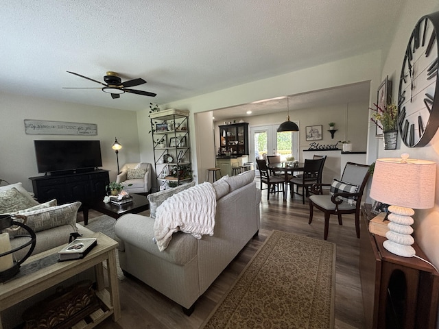 87 Lawrence Dr, Ringgold, GA 30736 - living area with dark wood-type flooring, a ceiling fan, and a textured ceiling