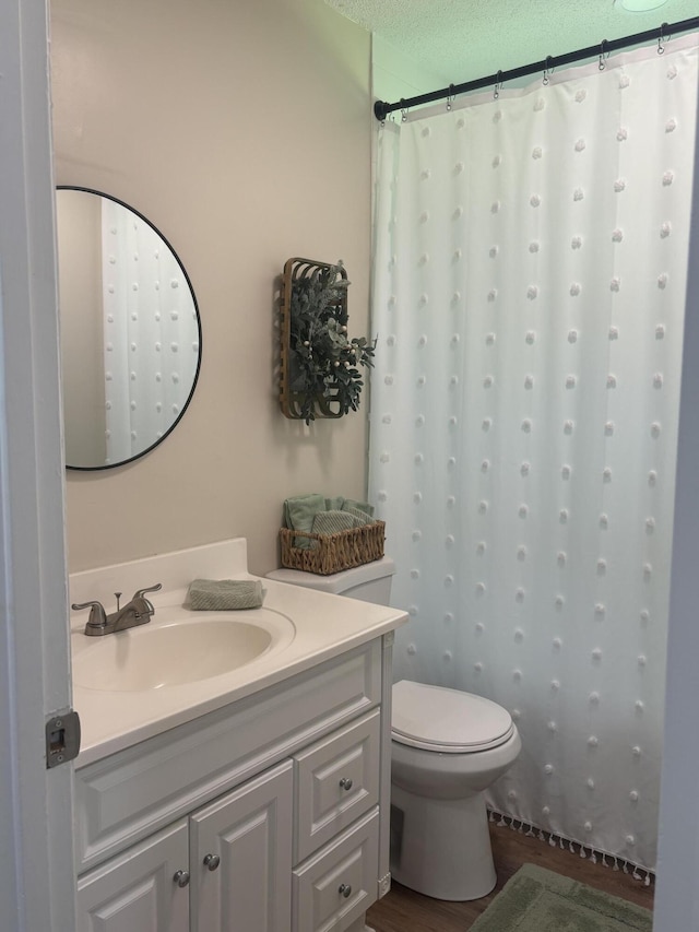 87 Lawrence Dr, Ringgold, GA 30736 - bathroom with vanity, wood finished floors, a shower with curtain, and a textured ceiling