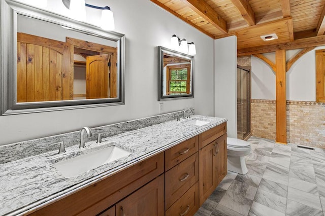 80 Tanya Ln, Dunlap, TN 37327 - full bathroom featuring a wooden ceiling with exposed beams, double vanity, and a stall shower