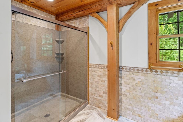 80 Tanya Ln, Dunlap, TN 37327 - bathroom featuring a shower stall, plenty of natural light, wooden ceiling, wainscoting, and tile walls