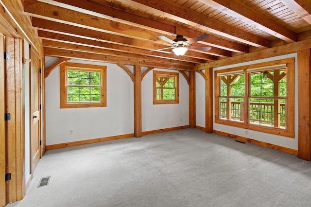 80 Tanya Ln, Dunlap, TN 37327 - spare room with healthy amount of natural light, light colored carpet, a ceiling fan, and a wood ceiling with exposed beams