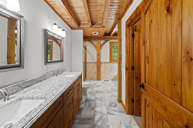 80 Tanya Ln, Dunlap, TN 37327 - bathroom with a wooden ceiling with exposed beams, double vanity, a wainscoted wall, and a shower