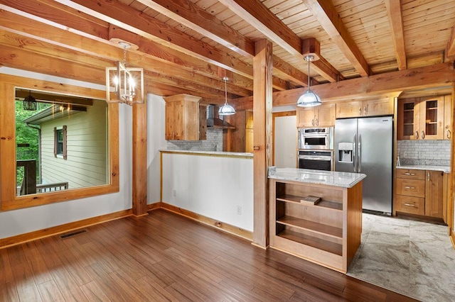80 Tanya Ln, Dunlap, TN 37327 - kitchen featuring stainless steel appliances, a wooden ceiling with exposed beams, wall chimney exhaust hood, backsplash, and glass insert cabinets