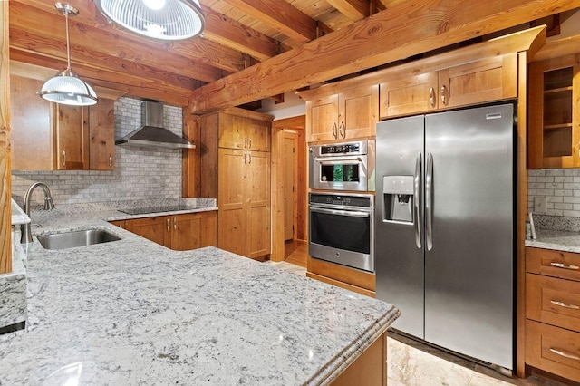 80 Tanya Ln, Dunlap, TN 37327 - kitchen with appliances with stainless steel finishes, wall chimney range hood, backsplash, beamed ceiling, and light stone countertops