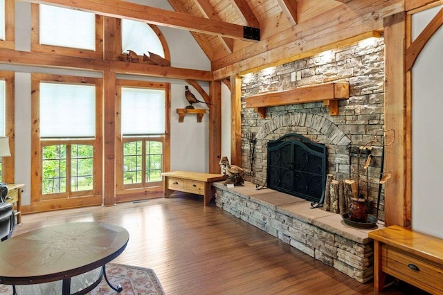 80 Tanya Ln, Dunlap, TN 37327 - living area with a stone fireplace, wood finished floors, a wood ceiling with exposed beams, and high vaulted ceiling