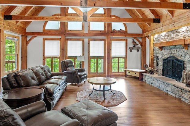 80 Tanya Ln, Dunlap, TN 37327 - living room featuring a wooden ceiling with exposed beams, high vaulted ceiling, a stone fireplace, and hardwood / wood-style flooring