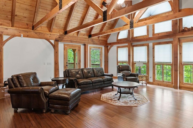 80 Tanya Ln, Dunlap, TN 37327 - living room with high vaulted ceiling, a wooden ceiling with exposed beams, and wood-type flooring