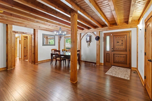 80 Tanya Ln, Dunlap, TN 37327 - foyer featuring a chandelier, a wooden ceiling with exposed beams, and dark wood-style floors
