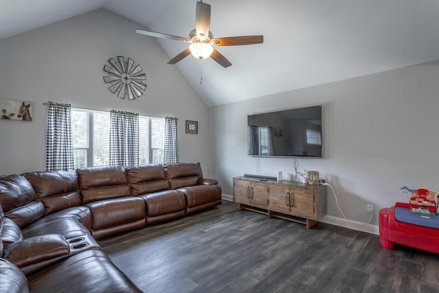 9600 Lovell Rd, Soddy Daisy, TN 37379 - living area with high vaulted ceiling, a ceiling fan, and wood finished floors