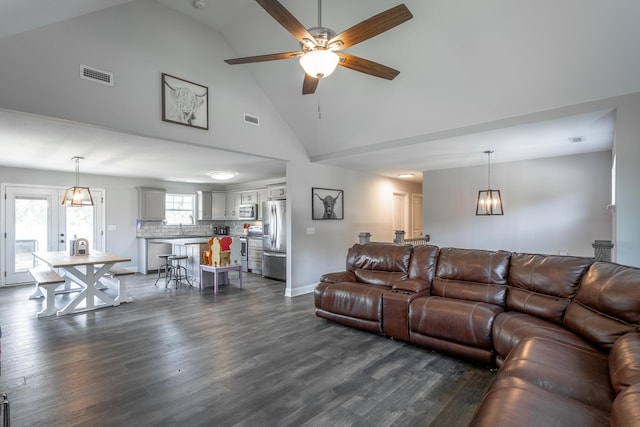 9600 Lovell Rd, Soddy Daisy, TN 37379 - living area with ceiling fan, dark wood finished floors, and high vaulted ceiling