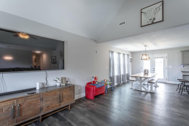 9600 Lovell Rd, Soddy Daisy, TN 37379 - living room with ceiling fan, dark wood-type flooring, and high vaulted ceiling