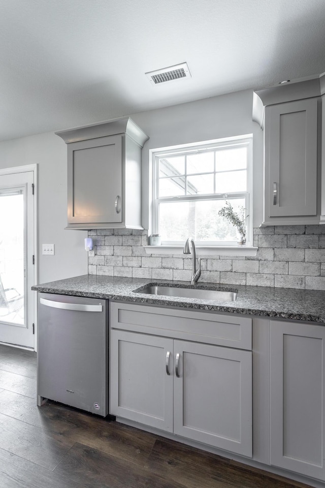9600 Lovell Rd, Soddy Daisy, TN 37379 - kitchen with dishwasher, gray cabinetry, tasteful backsplash, and stone counters