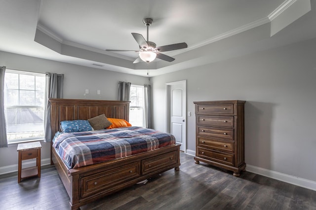 9600 Lovell Rd, Soddy Daisy, TN 37379 - bedroom featuring a tray ceiling, crown molding, dark wood finished floors, and a ceiling fan