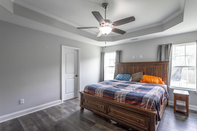 9600 Lovell Rd, Soddy Daisy, TN 37379 - bedroom featuring a tray ceiling, ornamental molding, dark wood-style floors, and a ceiling fan