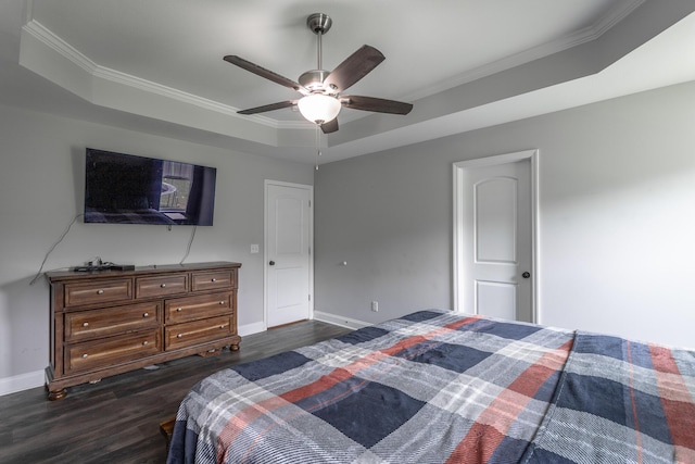 9600 Lovell Rd, Soddy Daisy, TN 37379 - bedroom with a raised ceiling, dark wood finished floors, ornamental molding, and ceiling fan