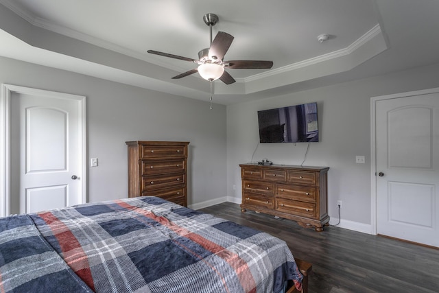 9600 Lovell Rd, Soddy Daisy, TN 37379 - bedroom with dark wood finished floors, ornamental molding, ceiling fan, and a tray ceiling