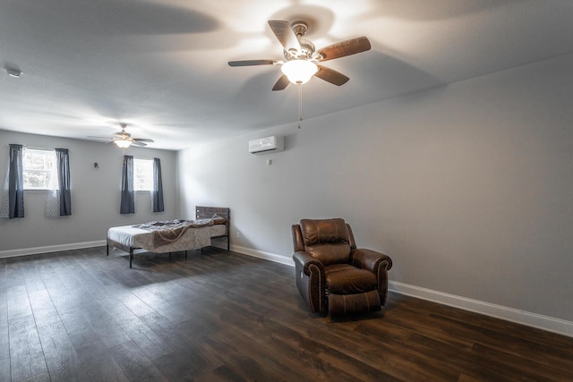 9600 Lovell Rd, Soddy Daisy, TN 37379 - living area featuring an AC wall unit, a ceiling fan, and dark wood-style flooring