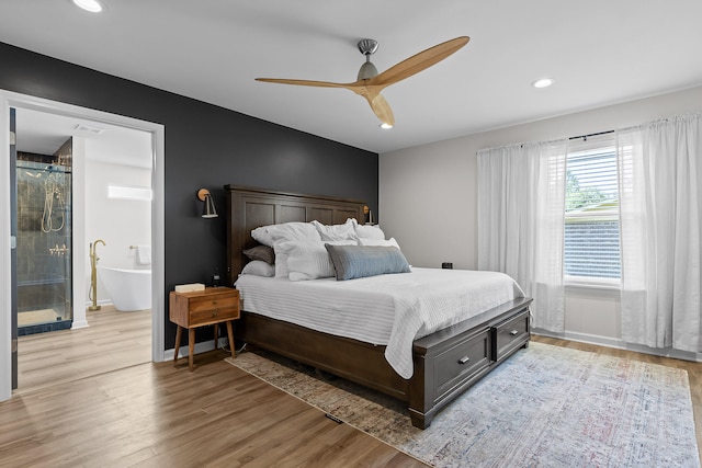 7622 Nadick Ln, Hixson, TN 37343 - bedroom with light wood-style flooring, recessed lighting, ceiling fan, and ensuite bathroom
