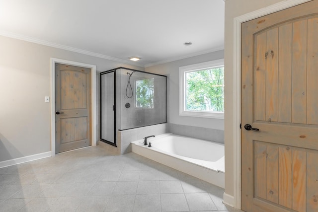 11216 Ooltewah Georgetown Rd, Georgetown, TN 37336 - full bathroom with a shower stall, a bath, crown molding, and tile patterned flooring