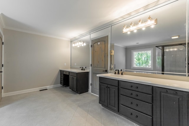 11216 Ooltewah Georgetown Rd, Georgetown, TN 37336 - full bathroom featuring crown molding, vanity, tile patterned floors, and a shower with shower door