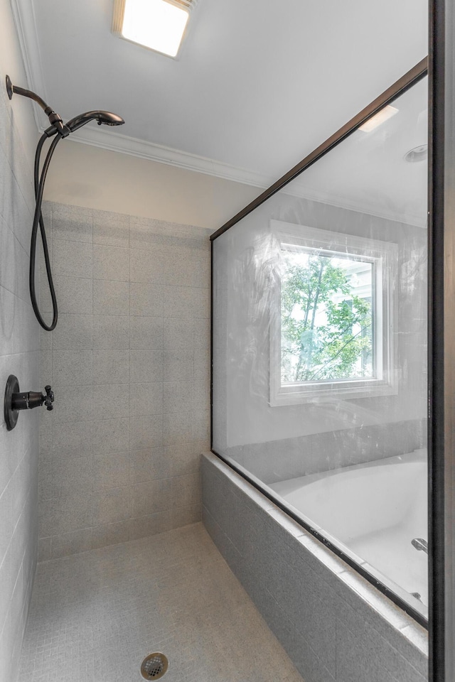 11216 Ooltewah Georgetown Rd, Georgetown, TN 37336 - bathroom featuring tiled shower, a tub to relax in, and ornamental molding