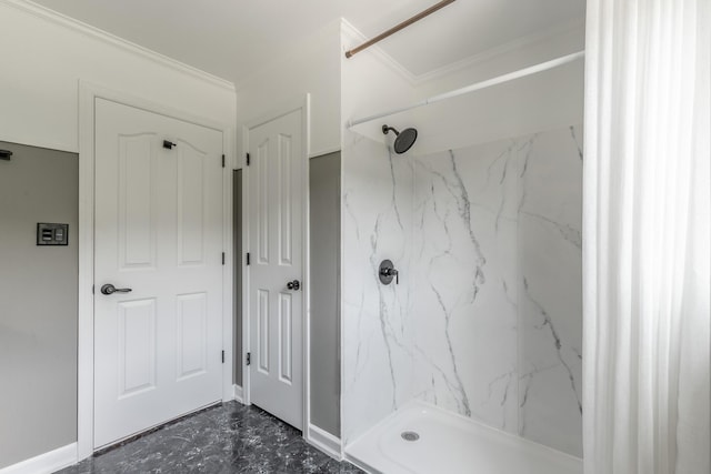 11216 Ooltewah Georgetown Rd, Georgetown, TN 37336 - bathroom with a marble finish shower, ornamental molding, and marble finish floors