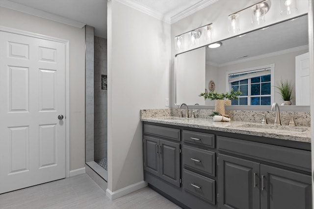 8512 Creek Stone Dr, Chattanooga, TN 37421 - full bathroom featuring double vanity, a tile shower, and crown molding