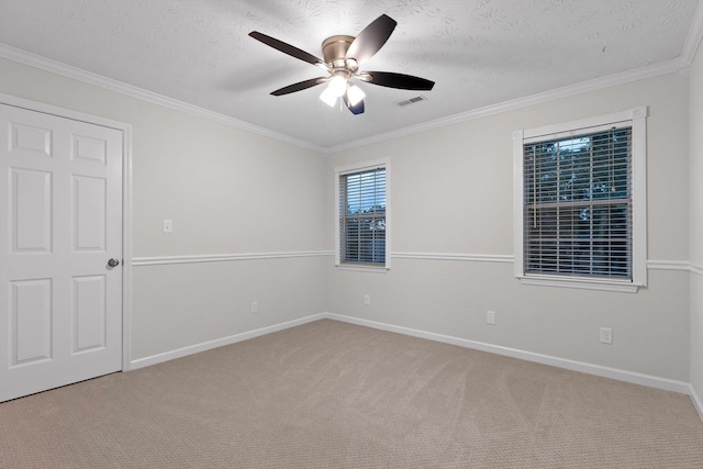 8512 Creek Stone Dr, Chattanooga, TN 37421 - spare room featuring a ceiling fan, light carpet, ornamental molding, and a textured ceiling
