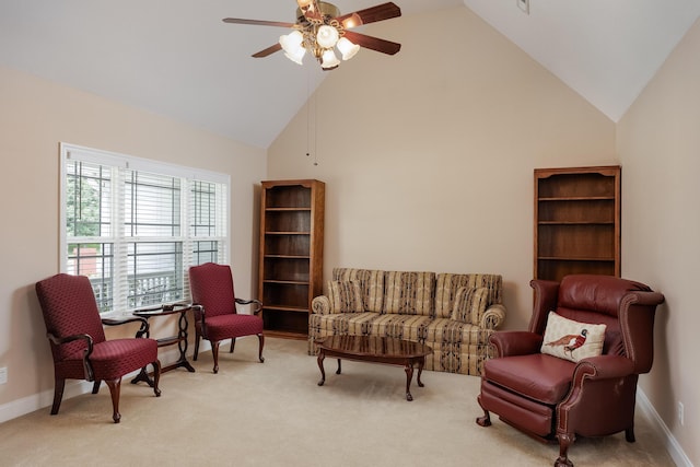 750 Windrush Loop, Chattanooga, TN 37421 - living area featuring high vaulted ceiling, ceiling fan, and carpet flooring