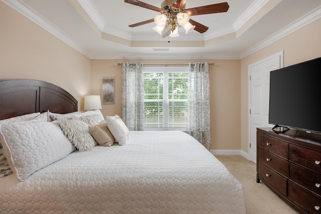 750 Windrush Loop, Chattanooga, TN 37421 - bedroom featuring a tray ceiling, light carpet, ornamental molding, and ceiling fan