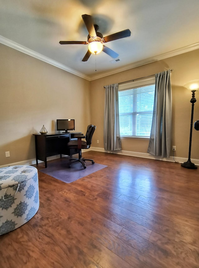 179 Trade Wind Dr, Fort Oglethorpe, GA 30742 - office area featuring ornamental molding, a ceiling fan, and wood finished floors