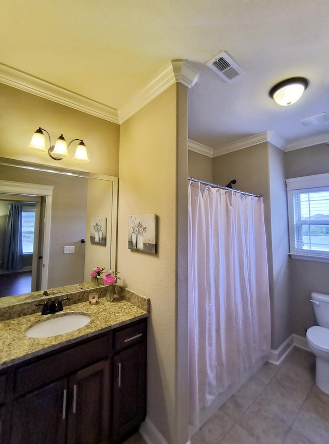 179 Trade Wind Dr, Fort Oglethorpe, GA 30742 - bathroom featuring vanity, plenty of natural light, tile patterned flooring, ornamental molding, and a shower with curtain