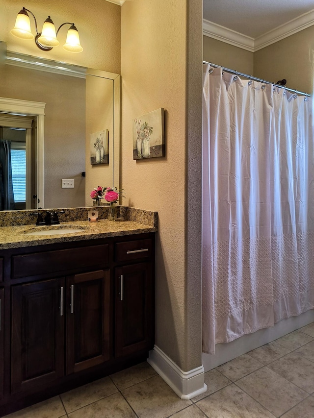 179 Trade Wind Dr, Fort Oglethorpe, GA 30742 - bathroom with tile patterned floors, vanity, crown molding, shower / bath combination with curtain, and a textured wall