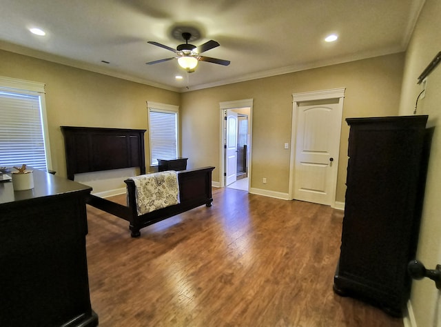 179 Trade Wind Dr, Fort Oglethorpe, GA 30742 - bedroom with dark wood-style flooring, crown molding, recessed lighting, and a ceiling fan