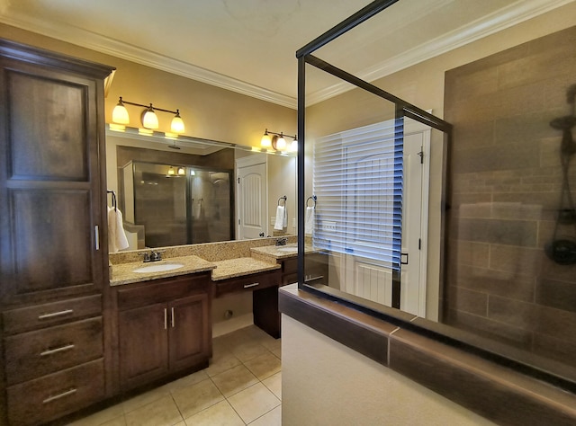179 Trade Wind Dr, Fort Oglethorpe, GA 30742 - bathroom with tile patterned flooring, double vanity, a stall shower, and crown molding