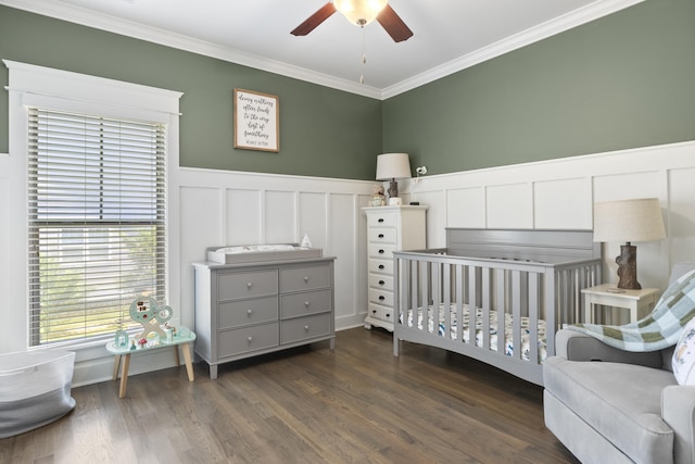 3528 Morning Dew Cv, Apison, TN 37302 - bedroom with a nursery area, a wainscoted wall, a decorative wall, ornamental molding, and dark wood finished floors